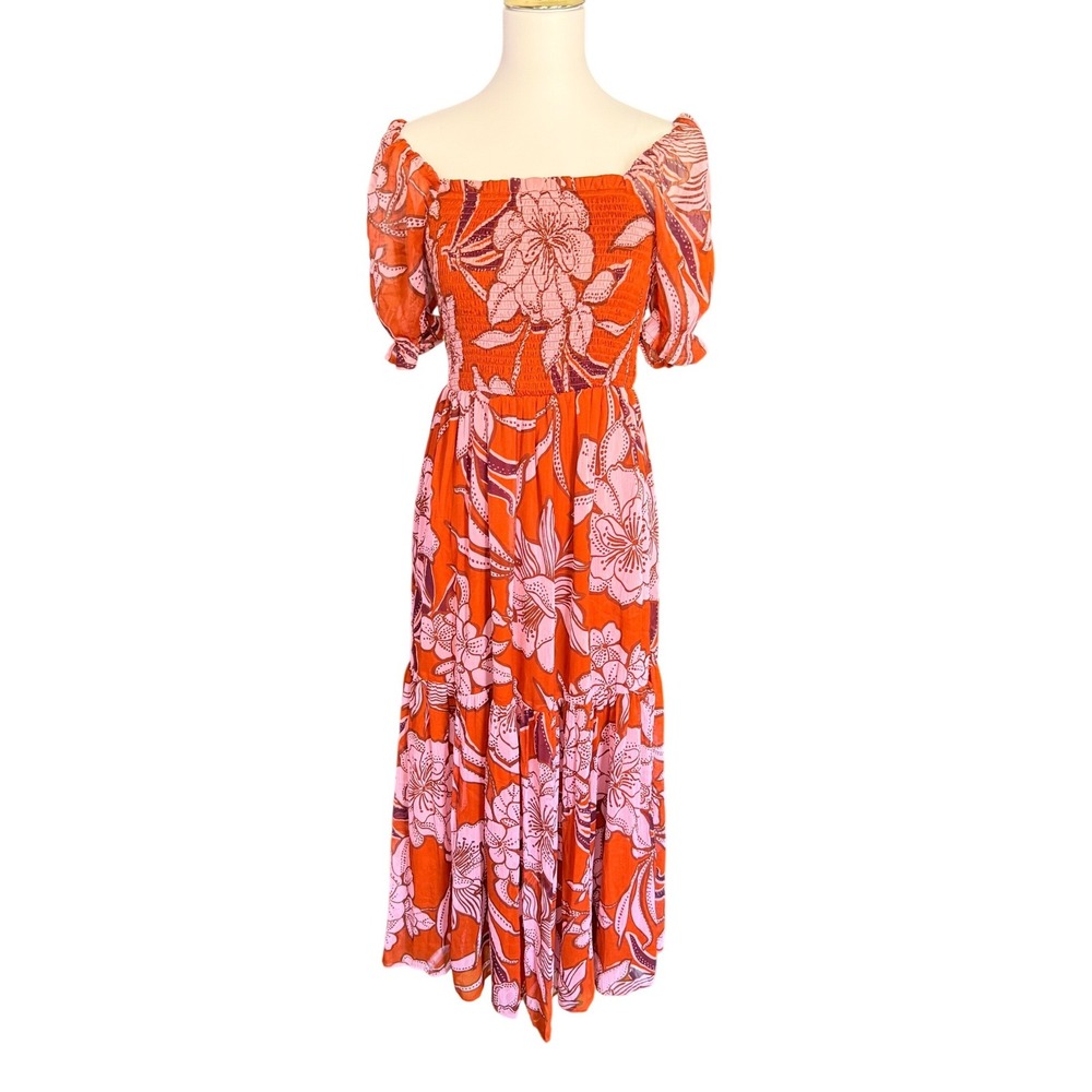 Patrons of Peace Floral Smocked Puff Sleeve Tiered Maxi Dress Orange Pink Size S